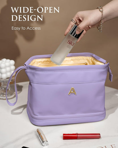 Bridesmaid Gift, Initial Makeup Bags, Personalized Double Layer Cosmetic Bag with Makeup Brush Organizer, Waterproof, Large Capacity PU Leather Travel Toiletry Bag