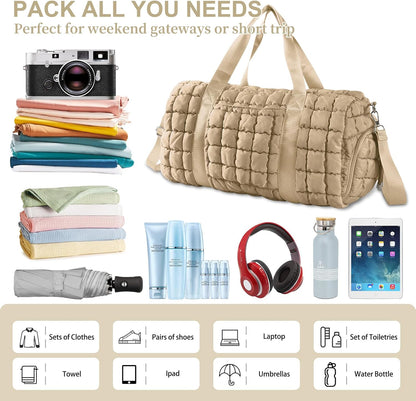 Quilted Travel Duffle Bag Gym Bag for Women,Large Puffer Duffle Weekender Bag with Compartment,Workout Overnight Carry on Organizer Bag Duffle Bag for Airplane Travel(Khaki)
