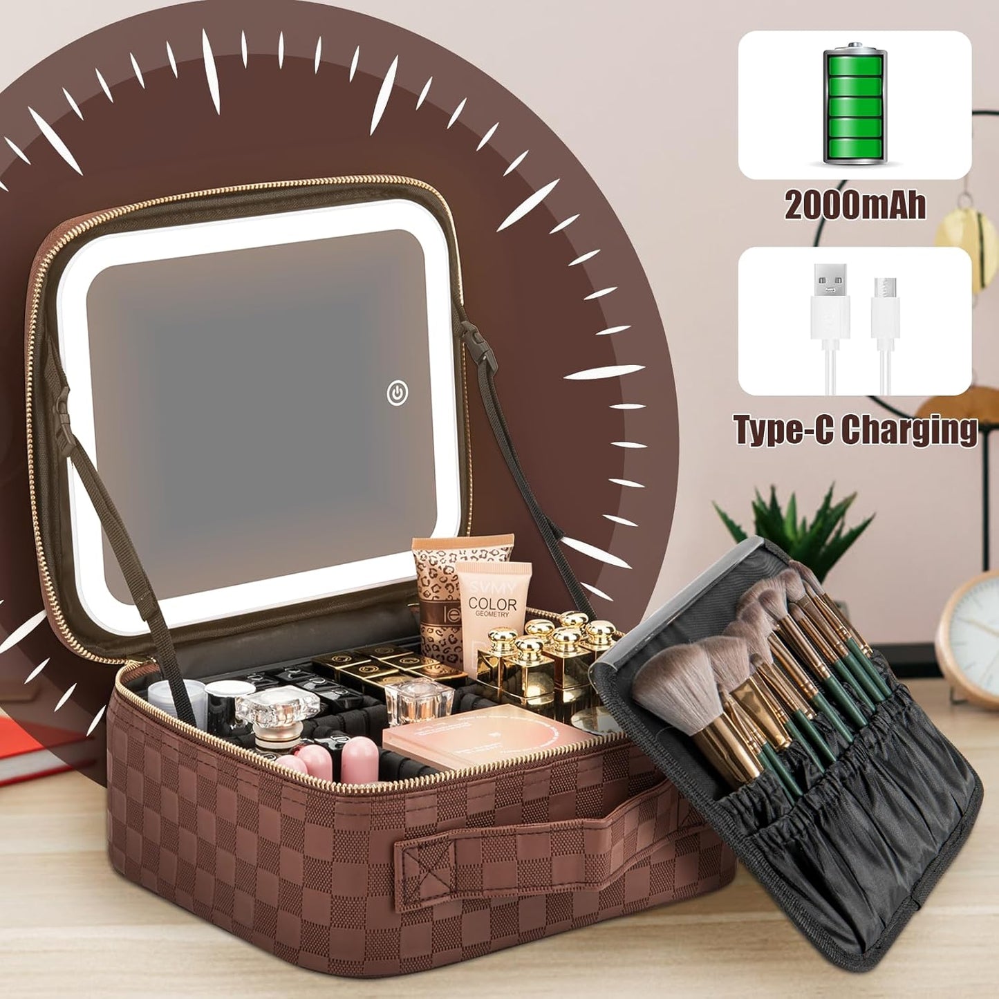 Makeup Travel Train Case with Mirror LED Light 3 Adjustable Brightness Large Cosmetic Bag Portable Storage Adjustable Partition Waterproof Makeup Brushes Make up Jewelry Gift for Women