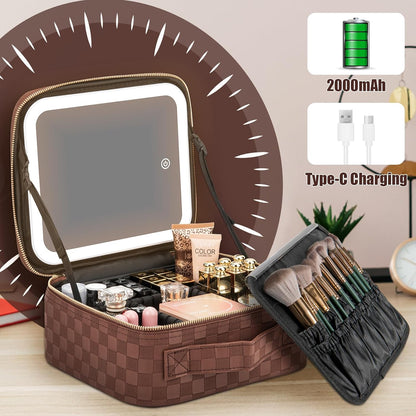 Makeup Travel Train Case with Mirror LED Light 3 Adjustable Brightness Large Cosmetic Bag Portable Storage Adjustable Partition Waterproof Makeup Brushes Make up Jewelry Gift for Women