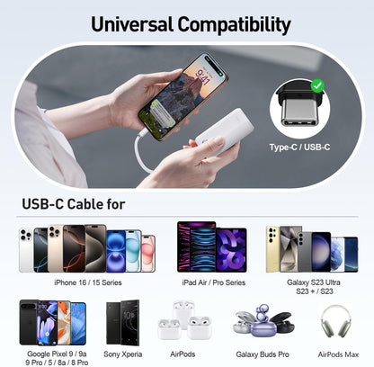 iWALK Mini Portable Charger 10,000mAh, 22.5W USB-C Fast Charging Power Bank with Built-in Cable, Travel Essential Ultra-Small Battery Pack Compatible for iPhone 16/16 Pro/15, Samsung, Google, White