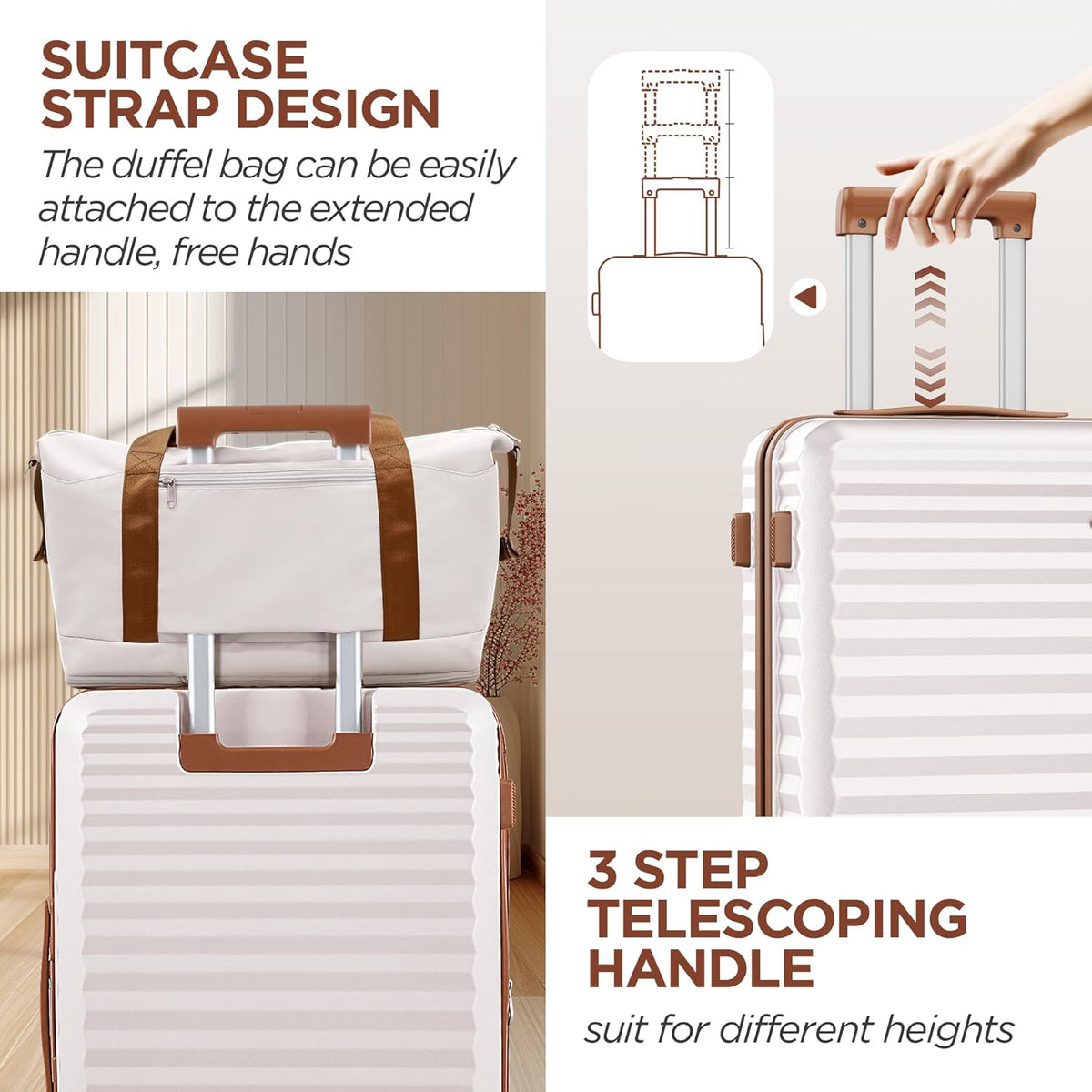 SHOWKOO Suitcase Hardside Expandable Luggage Set, Suitcase with Double Spinner Wheels TSA Lock 3 Piece Set Beige White (DB/TB/24in)