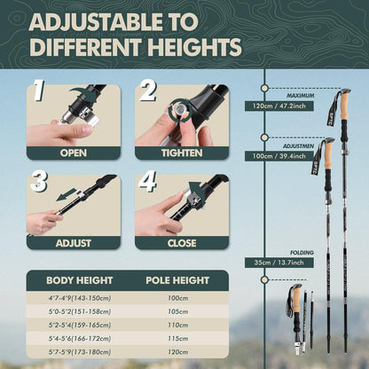 GPTCAMP Nordic Walking Stick, TPZ-1, 2pc Folding Collapsible Hiking Poles with Metal Quick Lock, Cork Handle, Lightweight 7075 Aluminum Trekking Poles for Seniors Women Men Hiking Gear