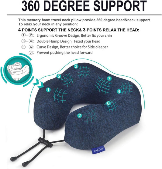 napfun Neck Pillow for Traveling, Upgraded Travel Neck Pillow for Airplane 100% Pure Memory Foam Travel Pillow for Flight Headrest Sleep, Portable Plane Accessories, Full Dark Blue, Medium (120-200LB)