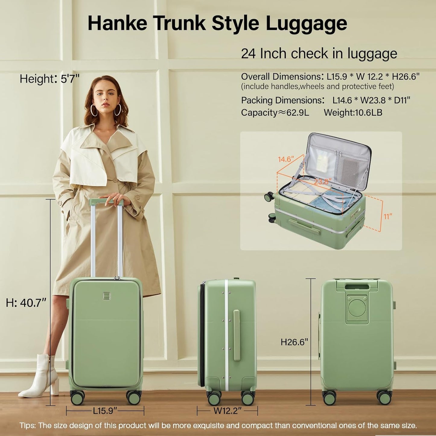 Hanke 24 Inch Luggage with Cup Holder and Charge,Top Opening Hard Shell Suitcases with Wheels and Dividers,Aluminum Frame Trunk Luggage Medium Checked Suitcase with Lock for Travel，Bamboo Green
