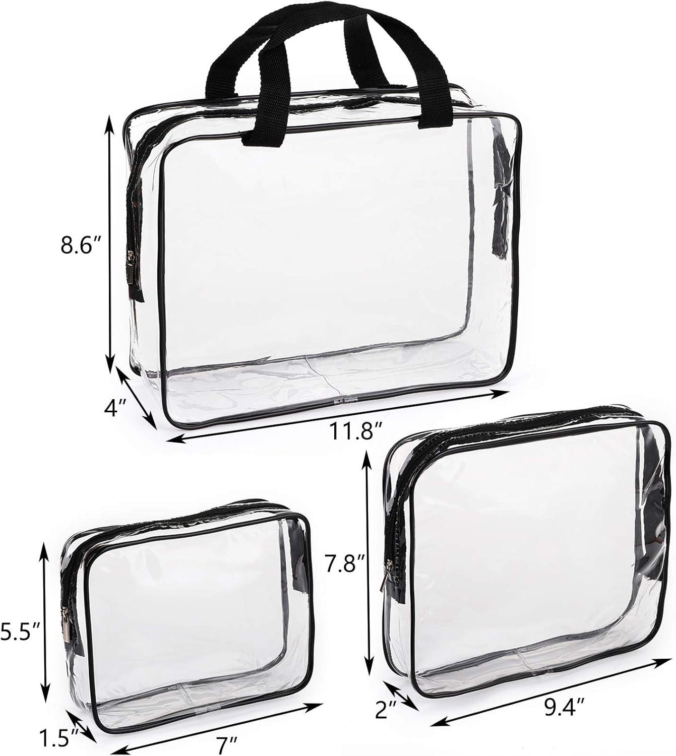 Hedume Set of 9 Clear Makeup Bags, TSA Approved Clear Toiletry Bag Set, Waterproof PVC with Zipper Handle Portable Travel Luggage Pouch