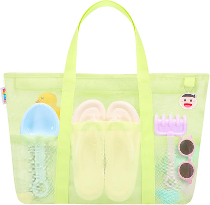 Tagitary Mesh Beach Bag with Zipper Large Beach Tote Waterproof Sandproof with 8 Pockets for Toys Pool Bag Beach Accessories