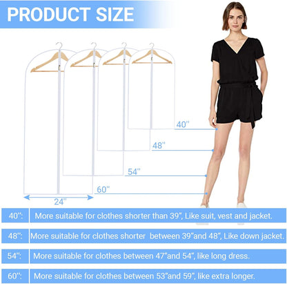 Garment Bags for Hanging Clothes 24'' x 60'' (Set of 12) Coat Covers for Closet Foldable Washable Dress Bags for Hanging Clothes for Long Dress Dance Costumes Suits Gowns Coats