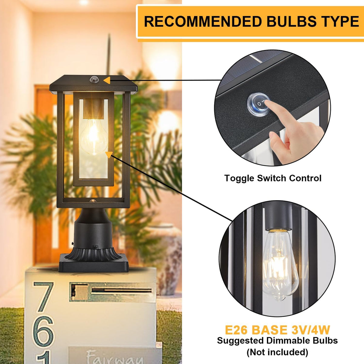 Solar Lamp Post Lights for Outdoor with Pier Mount Base, Dusk to Dawn Pole Light Head with Waterproof, Exterior Solar Powered Pillar Lights Fixture for Yard, Garden, Pathway, Black