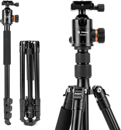 Fotopro 66" Camera Tripod, Aluminum Compact Travel Tripod and Monopod with 360° Ball Head Quick Release Plate, Professional Camera Tripod for DSLR, Load up 22lbs Video Tripod for DSLR, Load up 17.63bs