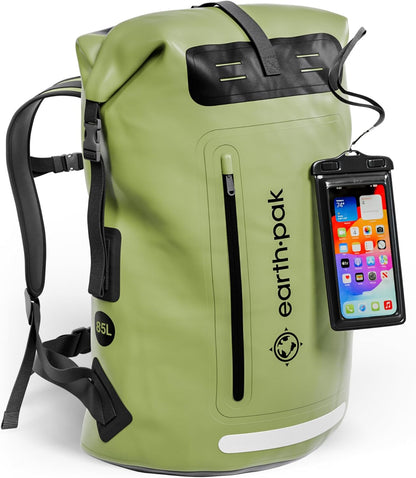 Earth Pak Waterproof Backpack - Heavy Duty Hiking Backpack - Roll-Top Closure Bag - Cushioned Dry Bag Waterproof Phone Case