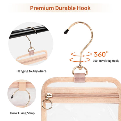 CUBETASTIC Clear Makeup Bag for Women, Transparent Cosmetic Organizer Case for Travelling, Hanging Toiletry Bag for Travel Essentials 3 Comparment Skincare Pouch with Potable Handle