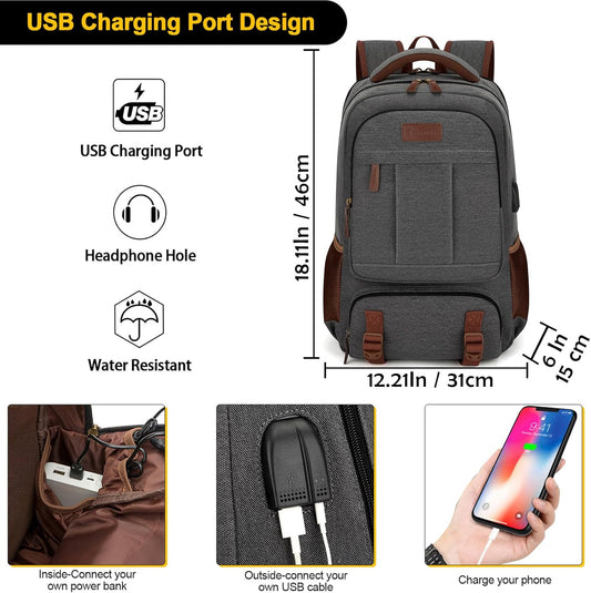 Tzowla Canvas Laptop Backpack, Bag for Men Women,Travel Work Rucksack Fits 15.6 Inch Laptop, Bookbag with USB Charging Port