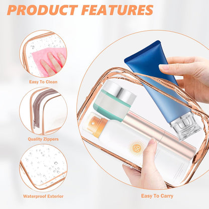 AURUZA 6 Pack Travel Toiletry Bag, Clear Makeup Bag, TSA Approved Cosmetic Bag with Zipper, Clear Organizer Carry on Bag for Women, PVC Cosmetic Pouch (Rose Pink, 6 Packs)