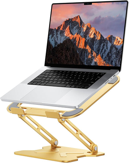 Adjustable Laptop Stand for Desk, Metal Foldable Laptop Riser, Portable Laptop Holder Mount, Ventilated Cooling Computer Notebook Stand for MacBook Air Pro, All 10-16'' Notebooks Laptops, Gold