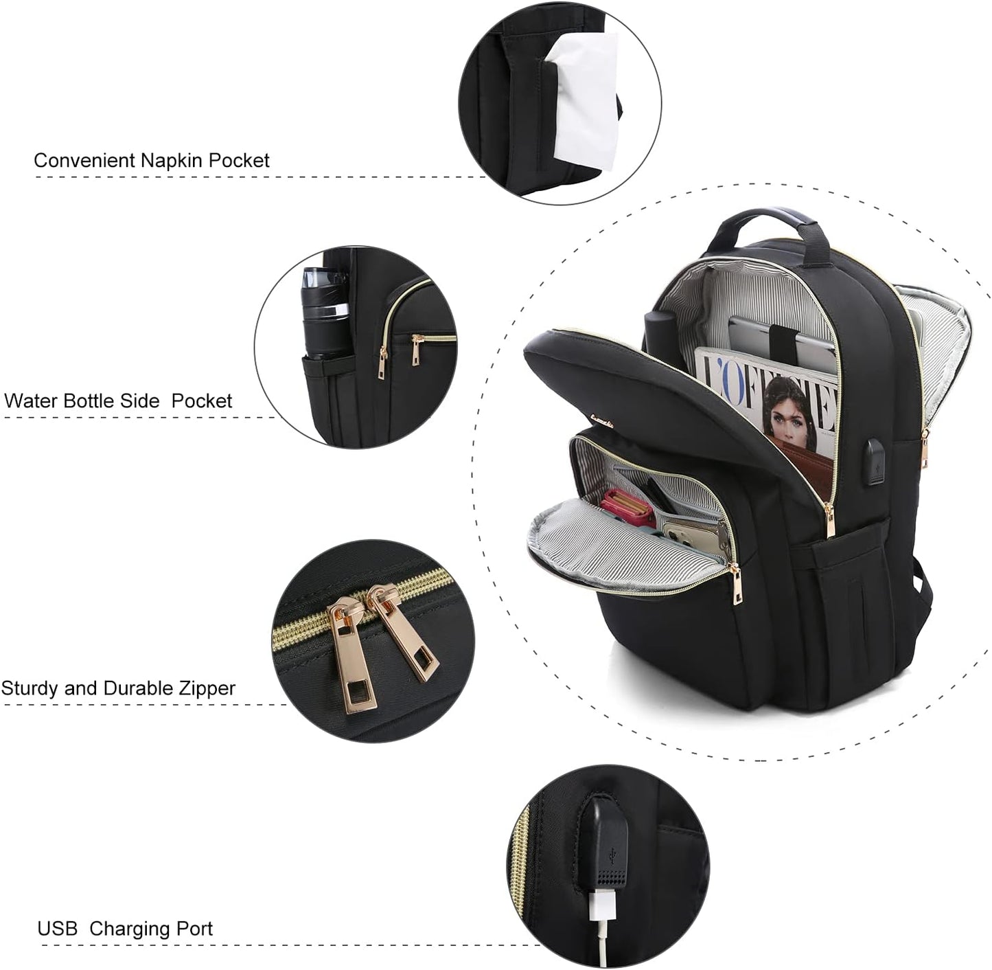 LOVEVOOK Laptop Backpack Purse for Women, Work Travel Computer Bags, Quilted Casual College Daypack with USB Port, Fit 15.6 Inch Laptop, Black