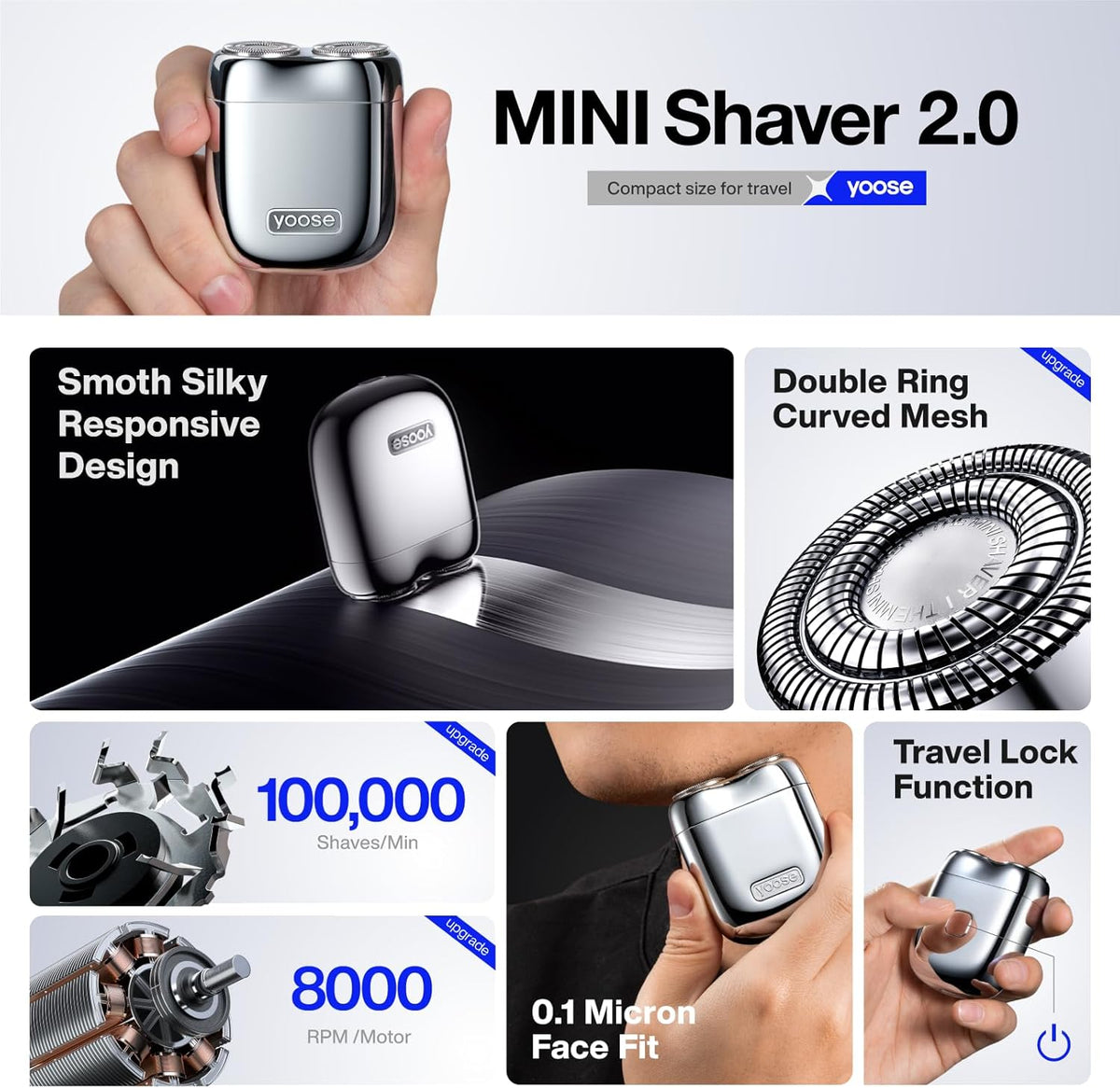 yoose Mini Electric Shaver, Alloy Portable Travel Shavers, Cordless Shaving, USB-C Rechargeable Electric Razor for Men, Dry Shave, IPX7 Waterproof, Detachable Head, Easy Cleaning, Green