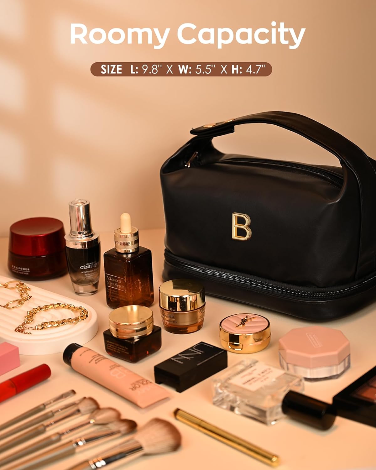 Makeup Bag Personalized Bags with Handle, Waterproof Double Layer Cosmetic Bag, Large Capacity PU Leather Makeup Bags Letter Travel Toiletry Bag with Makeup Brush Organizer