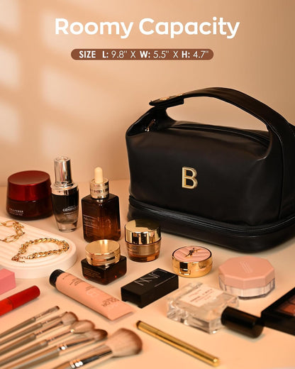 Birthday Gifts for Women, Personalized Makeup Bag with Handle, Initial Double Layer Cosmetic Bag with Makeup Brush Organizer, PU Leather Travel Toiletry Bag, Gifts for Friends Female Mom