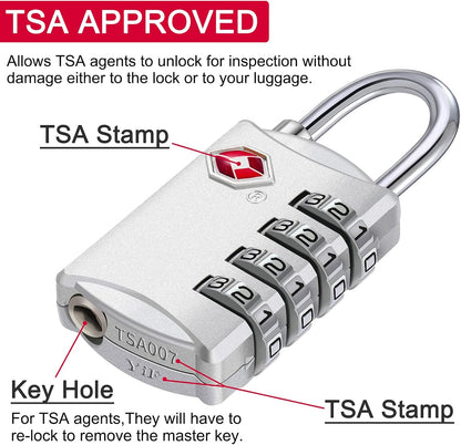 ZHEGE TSA Lock, Train Luggage Lock, 4 Digit Combination Lock for Suitcase, Backpack and Handbag Zipper, Small Padlock for School Gym Locker, Cabinet, Drawer (1 Pack, Sliver)