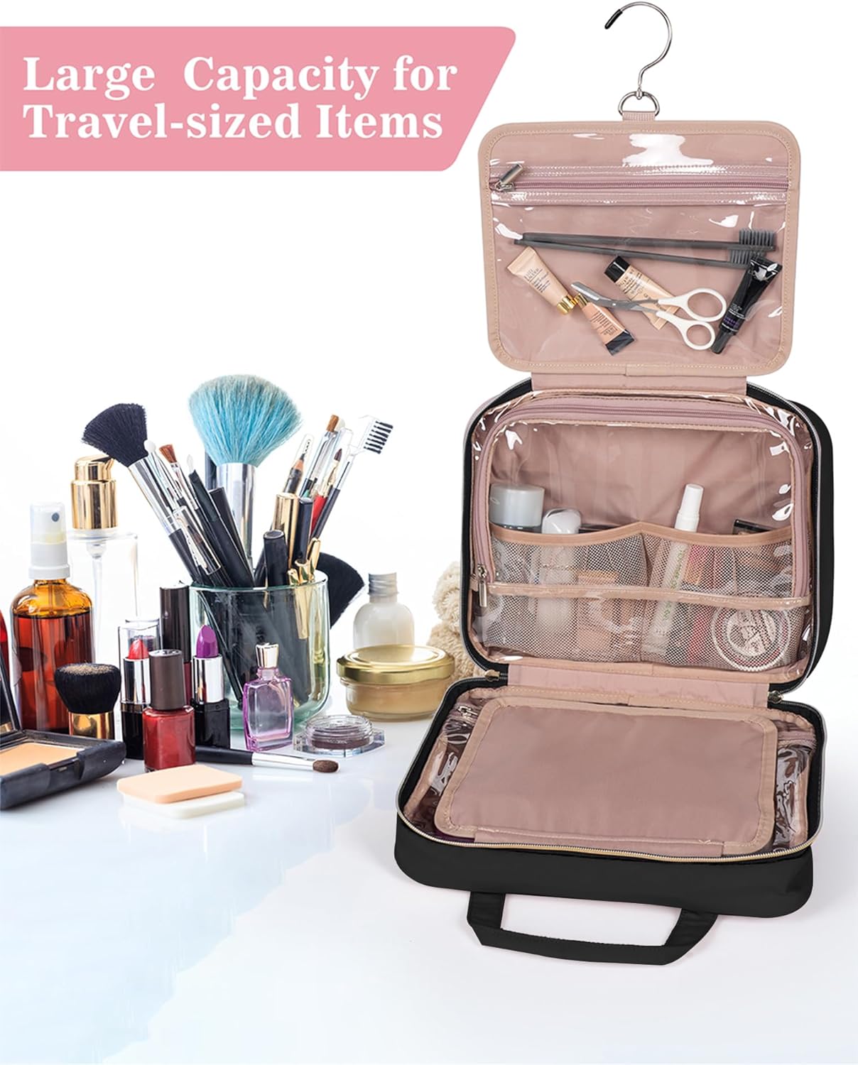 Black Toiletry Bag, Makeup Organizer, Travel Bag For Women Mens Toiletries, Waterproof with Hanging Hook, Large Capacity