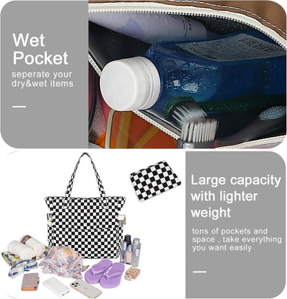 Waterproof Beach Tote Pool Bags for Women Ladies Extra Large Gym Tote Carry On Bag With Wet Compartment for Weekender Travel