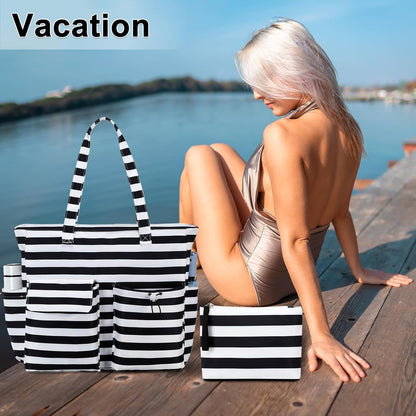 LEDAOU Large Beach Tote Bag Women Waterproof Sandproof Zipper Beach Tote Bag for Pool Gym Grocery Travel with Wet Pocket