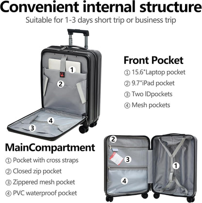 TydeCkare 20 Inch Carry On Luggage with Front Pocket, 21.65 * 15.35 * 7.87" Suitable for Airplane Overhead Bin, 34L Lightweight PC+ABS Hardshell with YKK Zipper, TSA Lock Approved, black