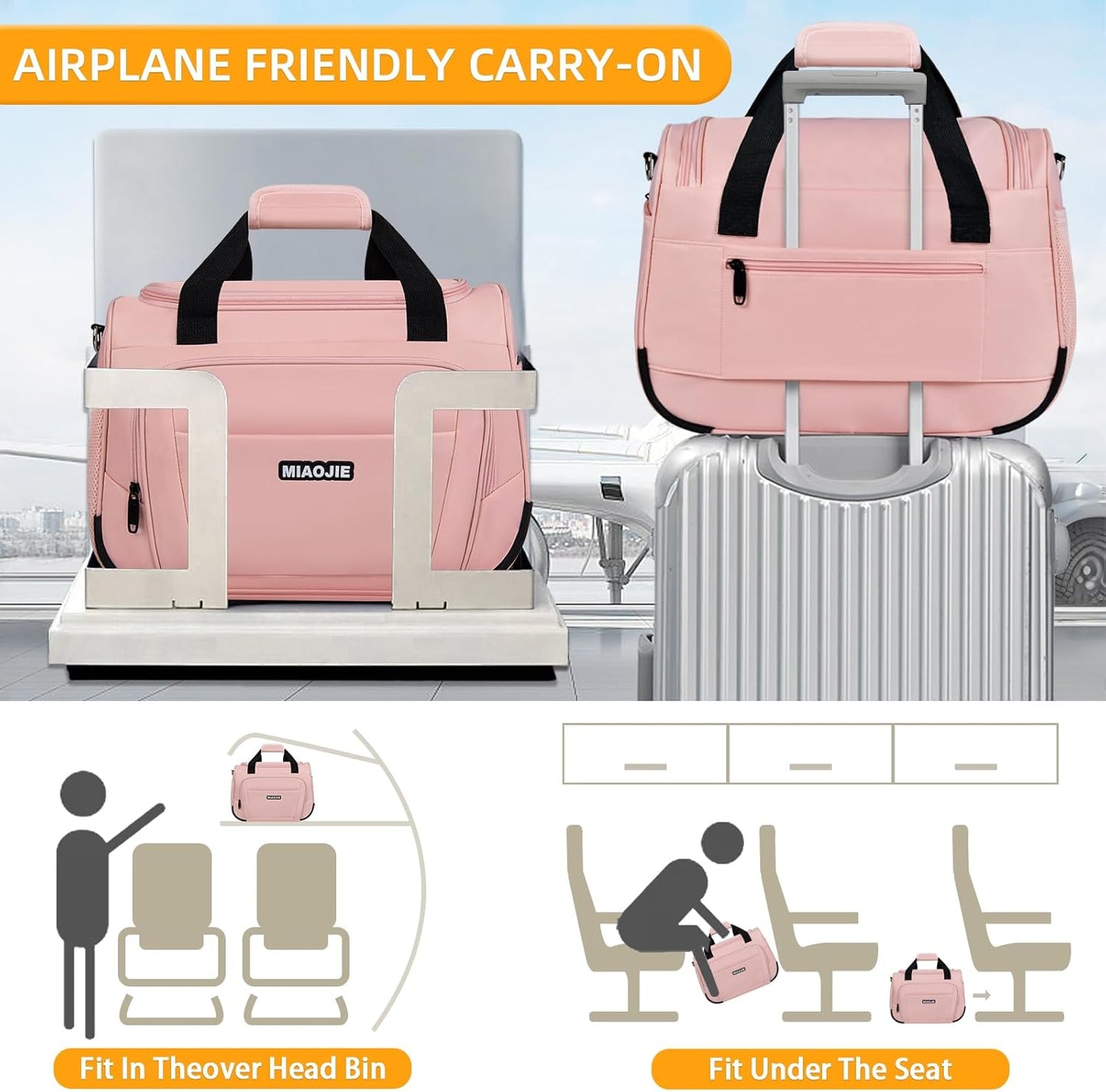 Underseat Carry On Luggage Lightweight Travel Tote Weekender Bag Overnight Duffle Bag for Travel, Travel Essentials Personal Item Travel Bag for Women and Men, Pink-18Inch