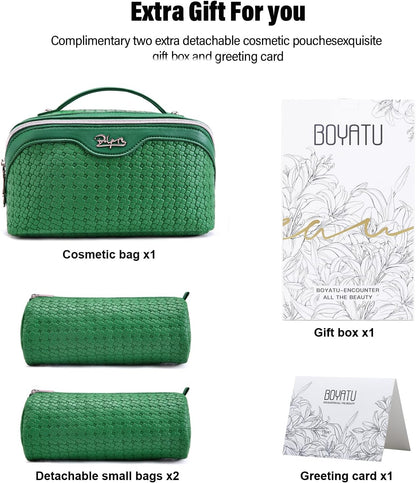 BOYATU Travel Makeup Bag Cosmetic Bags for Women: Large Capacity 3 Pcs Set Make up Bag with Compartments - Waterproof Vegan Leather Toiletry Organizer Bags with Handle - Travel Essentials(L12 Green)