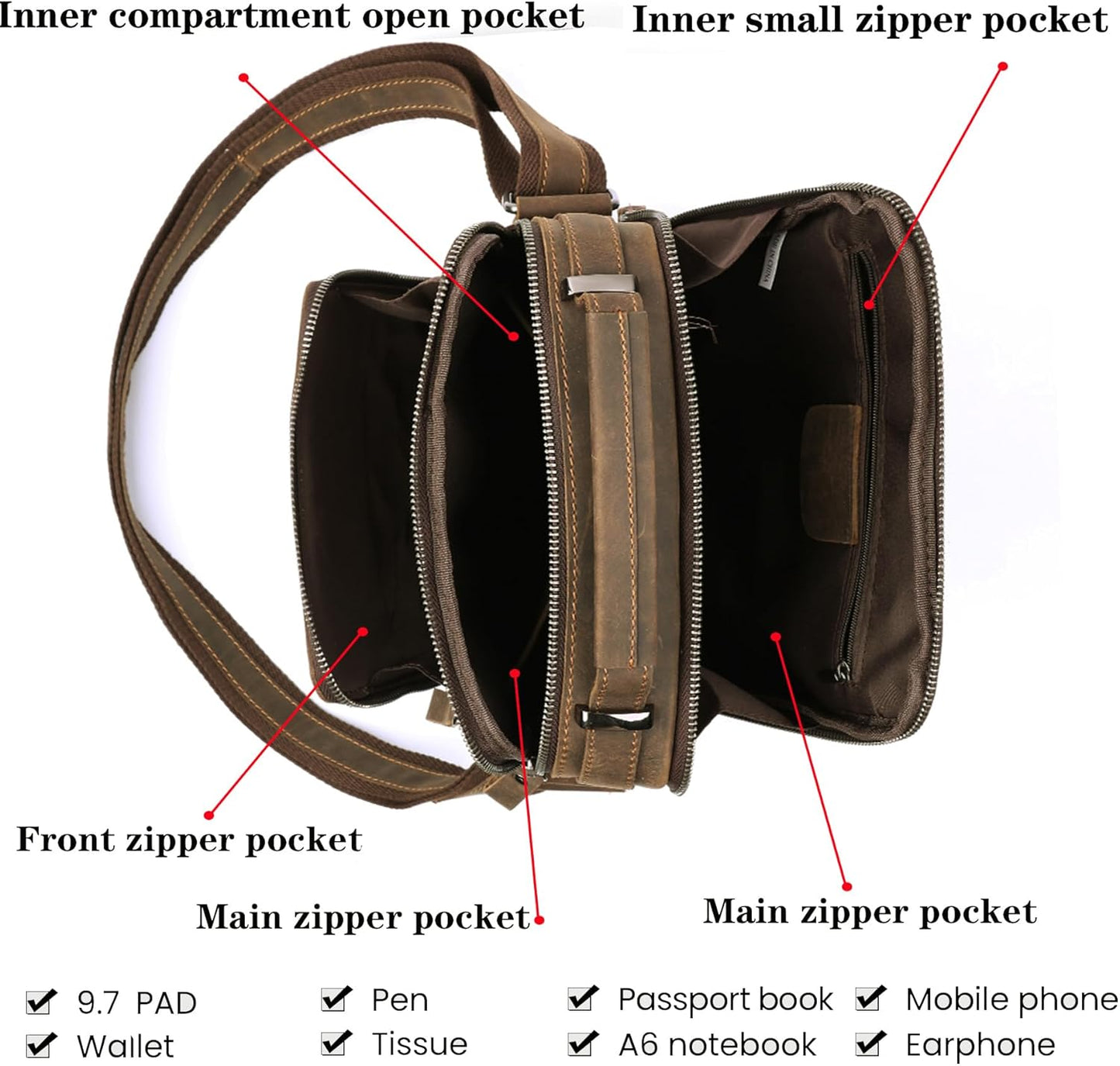 KPYWZER Genuine Leather Shoulder Bag Small Men Messenger Pack Handbag Sling Crossbody Bag Man Purse for Business