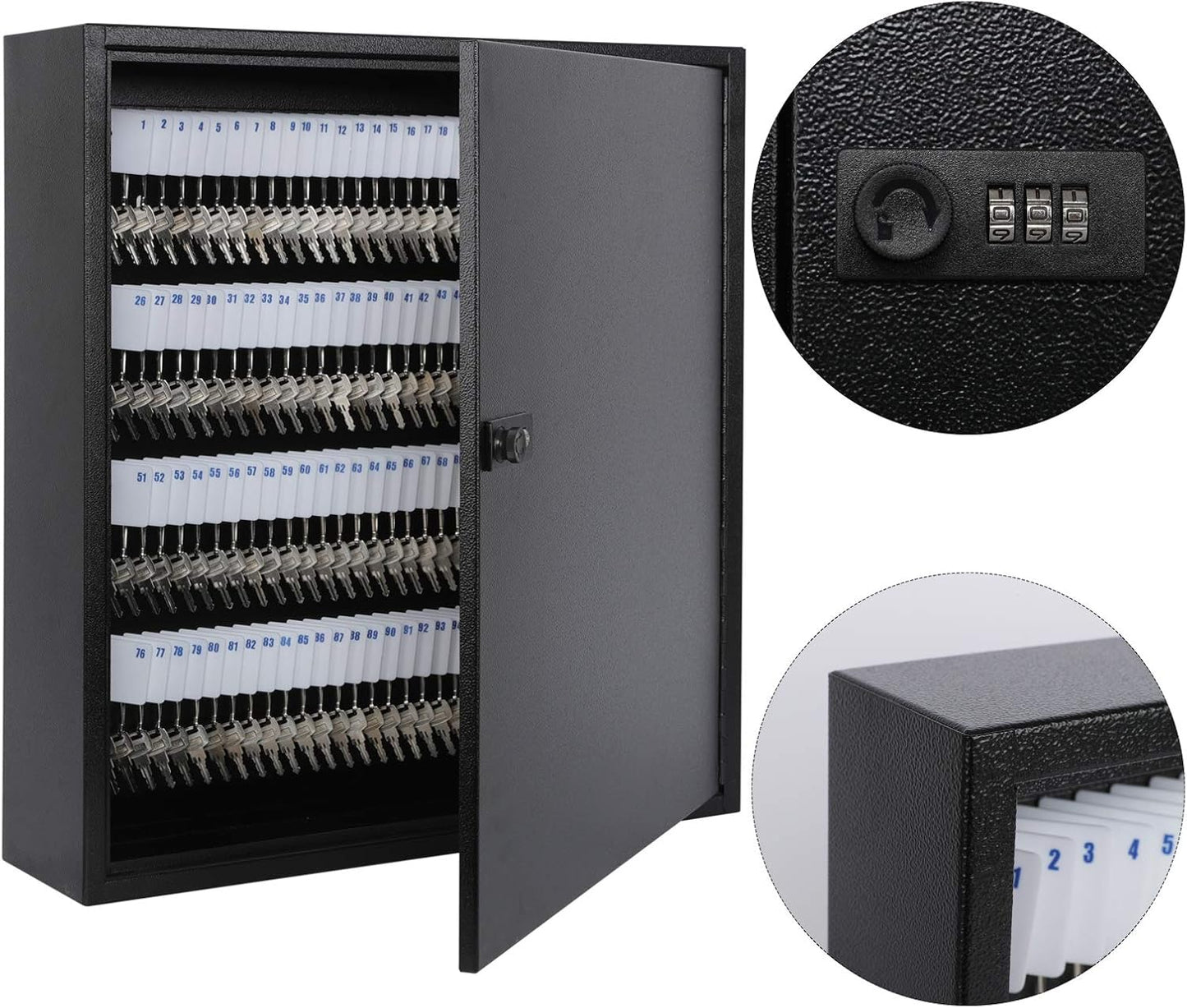 KYODOLED Key Cabinet Lock Box with Code, Wall Mount Key Storage Box with Combination Lock, Hooks & Labels, (Black, 200 Key)