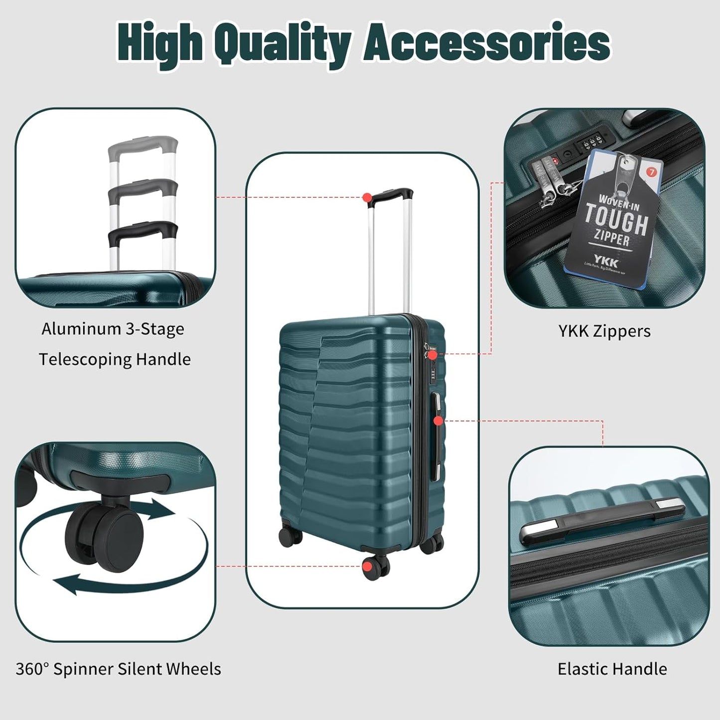 5-Piece Lightweight Luggage with Backpack Sets, ABS+PC Hard Shell Suitcase with TSA Lock & YKK Zipper (Teal Blue, 20in/24in/28in/BP/TB)