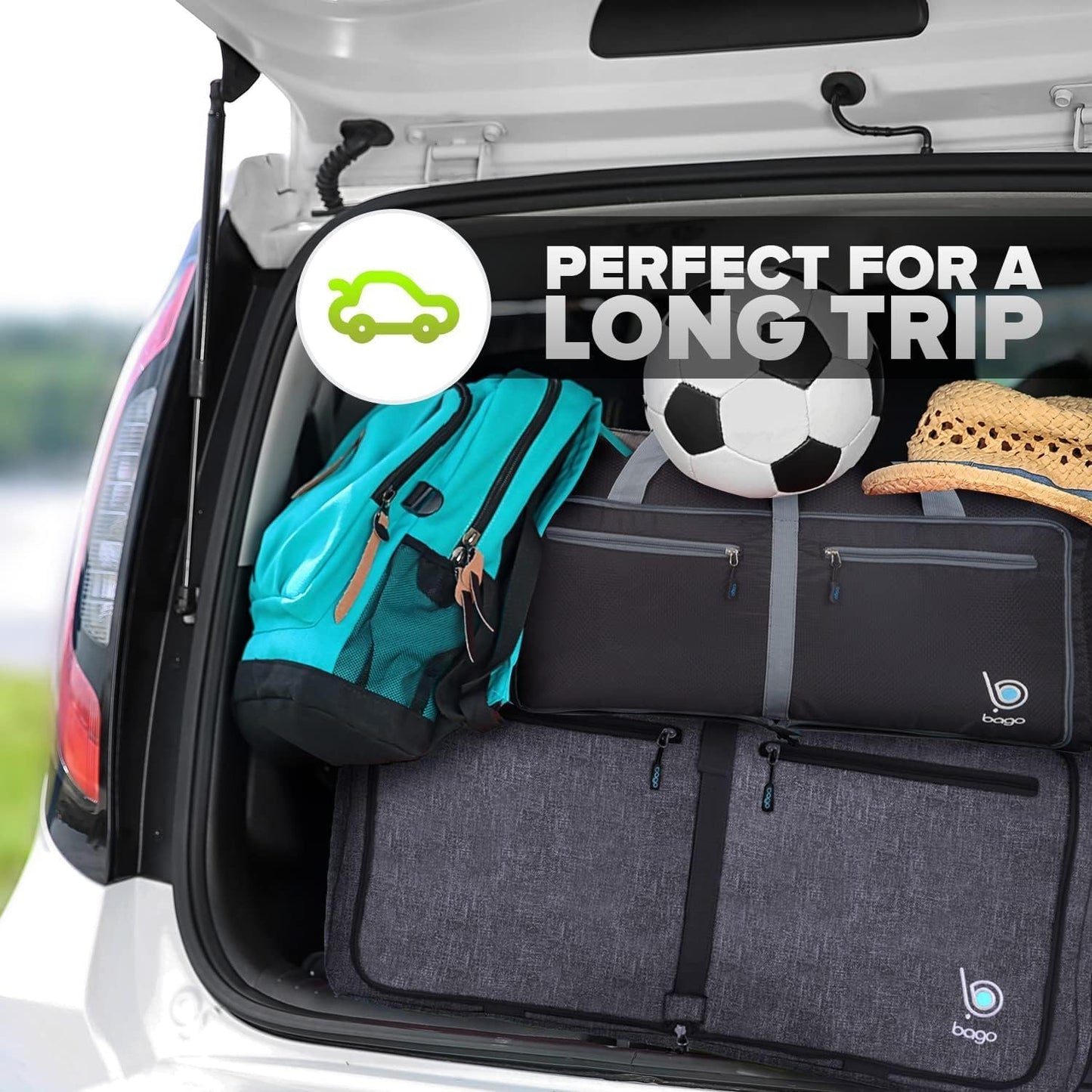 Bago Foldable Duffel Bags for Traveling Women & Men - 60L Medium Packable Duffle Bag for Travel with Shoe Compartment - Water Repellant, Heavy Duty, Lightweight Folding & Collapsible (SnowBlack)