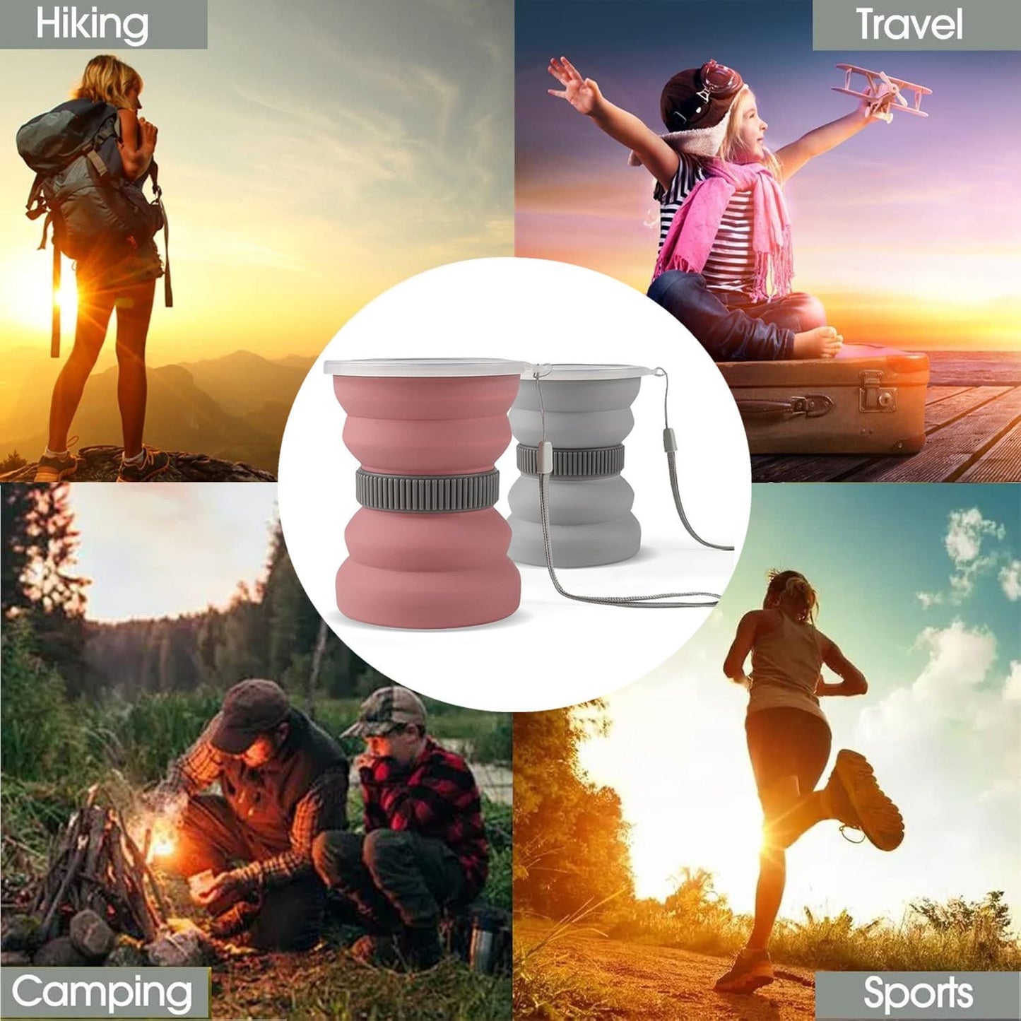 IYYI Collapsible Travel Cup, 10.5 OZ Foldable Cup with Lid, Silicone Folding Cups for Camping, Hiking, Outdoors, Travel, Portable Camping Mug (Pink+Gray)