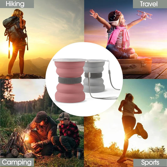 IYYI Collapsible Travel Cup, 10.5 OZ Foldable Cup with Lid, Silicone Folding Cups for Camping, Hiking, Outdoors, Travel, Portable Camping Mug (Pink+Gray)