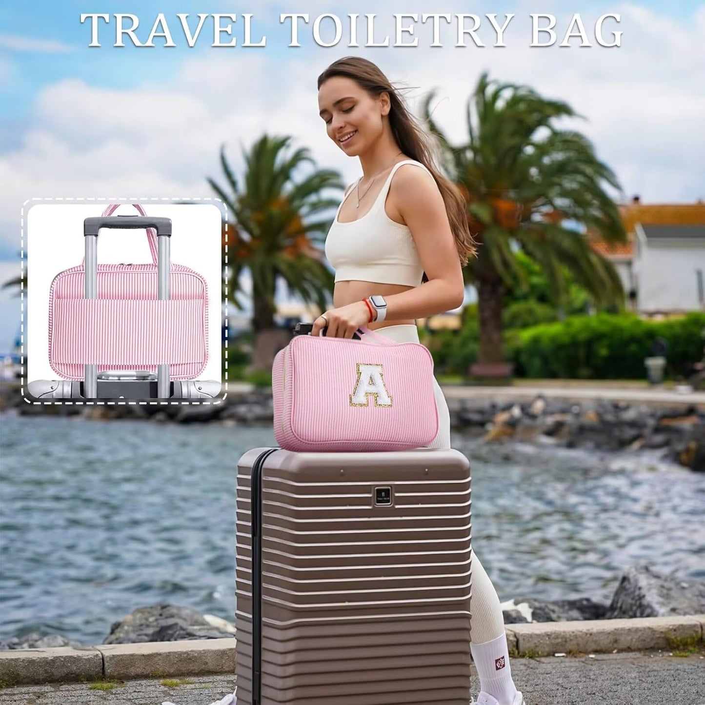 YOOLIFE Hanging Toiletry Bag for Women - Portable Makeup and Travel Bag, Cruise Ship Essentials - Letter B, Pink