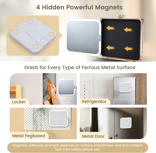 Makeup Case with Magnetic Lighted Mirror Cosmetic Train Box Detachable LED Mirror Adjustable Brightness in 3 Colors Waterproof Storage Organizer Artist Suitcase with Dividers Brush Holder, Rose Gold