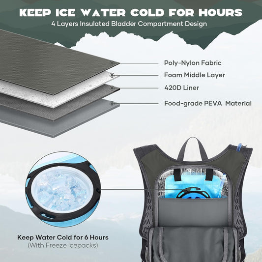 Maelstrom Hydration Hiking Backpack with 2L/3L Water Bladder, High Flow Bite Valve Camping Daypack Lightweight