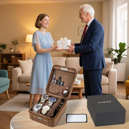 KAMIER Watch Case with Combination Lock - 4 Watch Storage and Jewelry Organizer - Watch Travel Case for Ring and Watch Storage, PU Leather Travel Watch Case, Ideal for Gift (With Gift Box), Brown