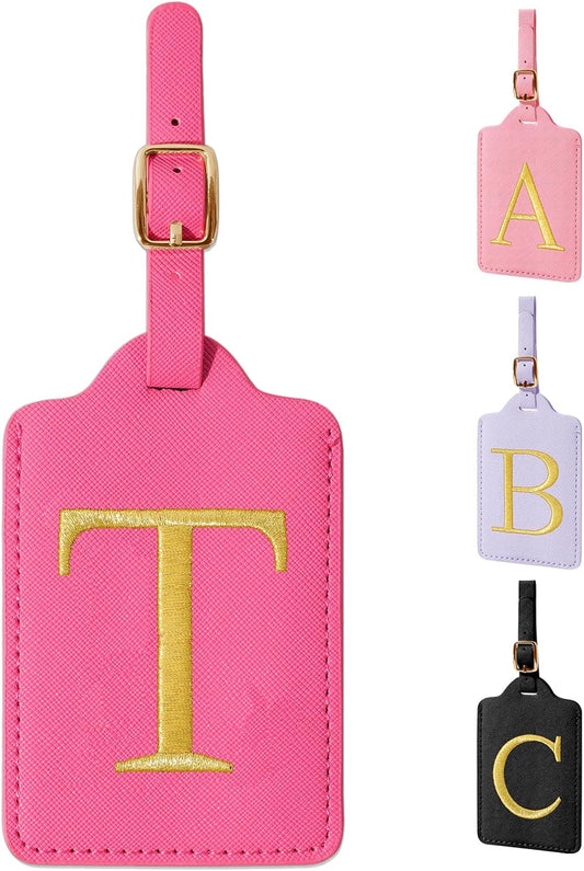 Personalized Initial Luggage Tags for Suitcase, Rose Red Leather Cute Luggage Tags with Privacy Cover Name Card, Embroidered Custom Monogram Tags Travel Backpack Tag Gifts for Women Kids(T)
