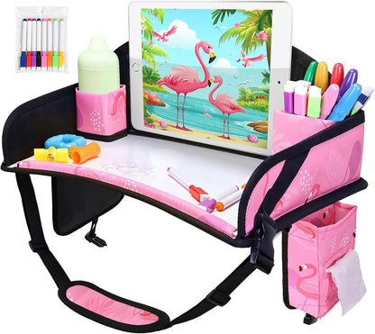 Kids Travel Tray, Car Seat Tray for kids Travel, Toddler Road Trip Essentials With Drawing Kit, Toddler Lap Desk Organizer for Car, Carseat Table for Airplane
