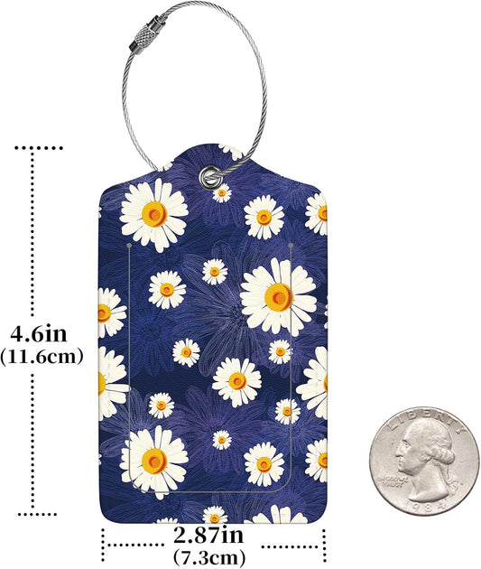 2 Pcs Luggage Tags for Suitcase, Cute Unique PU Leather Travel Bag Tag with Privacy Cover ID Label Address Card and Durable Metal Ring Suitable for Men Women Children Backpack,White Daisy
