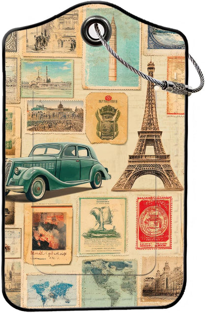 Luggage Tags for Suitcases, 2-Pack PU Leather for Cruise & Travel, Baggage ID Tags with Privacy Cover & Address Card, Durable Metal Ring, Kids Adults Travel Accessories, Vintage Travelogue