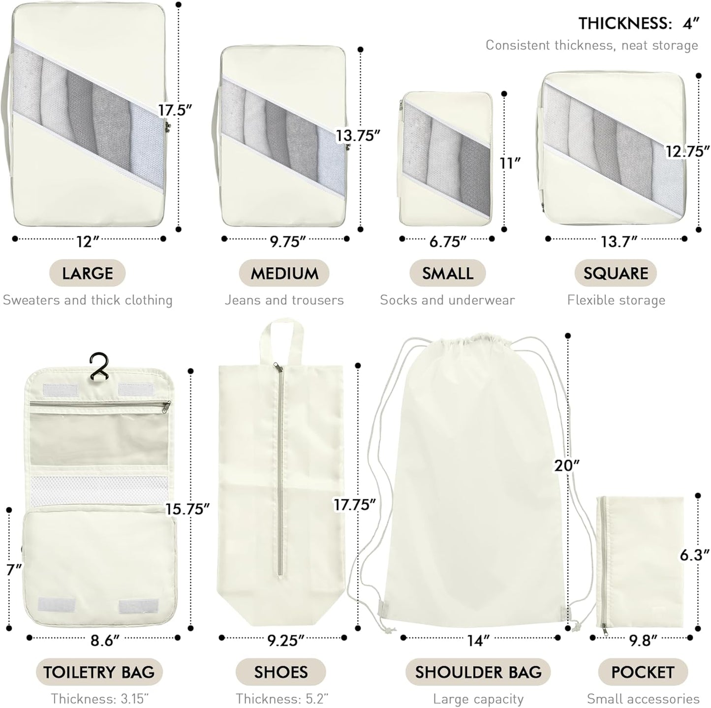 WVM Packing Cubes for Travel, 8 Set Luggage Organizer Bags with Shoe Bag, Toiletry Bag & Laundry Bag, Travel Accessories Essentials Packing Organizer, Beige