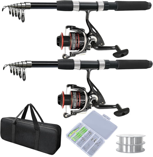 2PACK Fishing Pole Combo,Fishing Rod Combos with Telescopic Fishing Pole Spinning Reels Fishing Carrier Bag for Travel Saltwater Freshwater