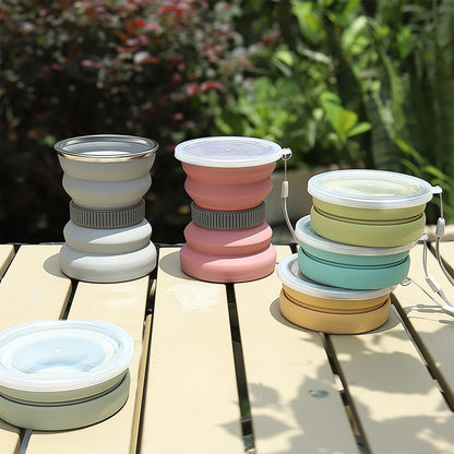 IYYI Collapsible Travel Cup, 10.5 OZ Foldable Cup with Lid, Silicone Folding Cups for Camping, Hiking, Outdoors, Travel, Portable Camping Mug (Pink+Gray)