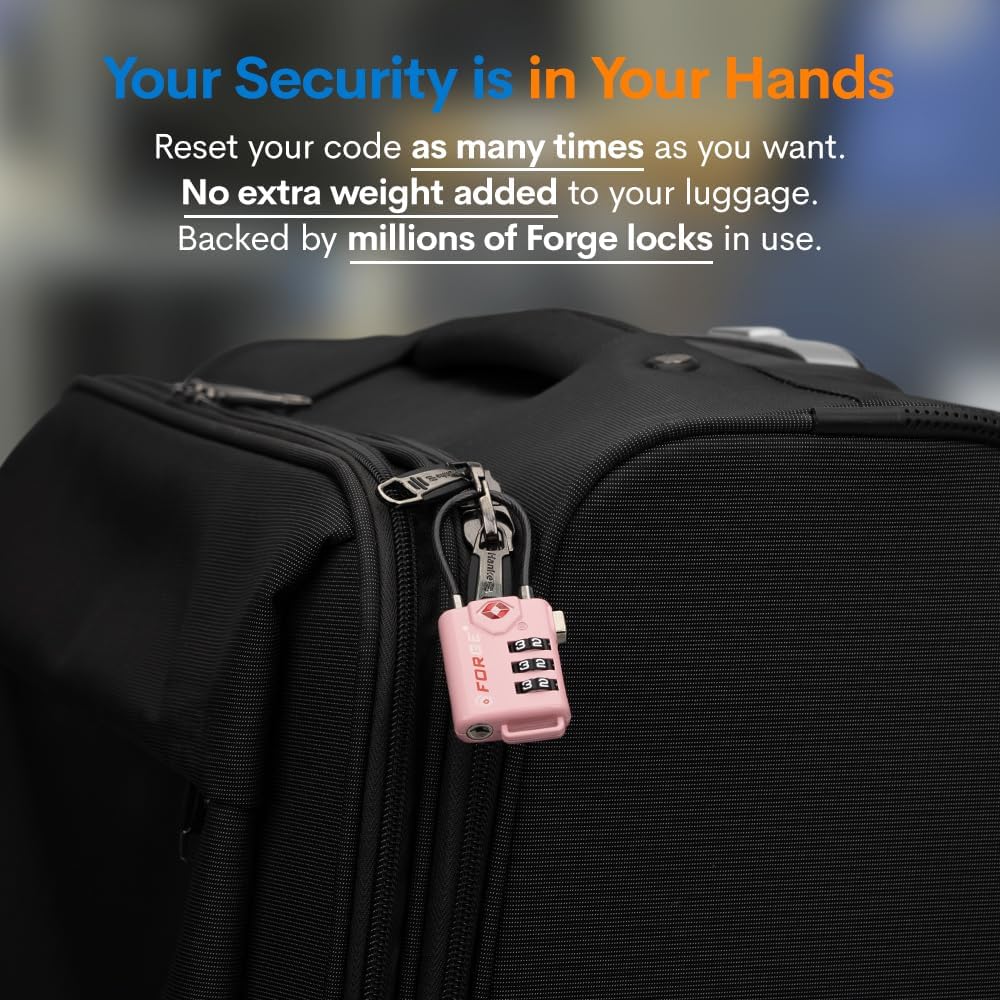 Forge TSA Approved Cable Luggage Locks, 2 Pink Locks, Re-settable Combination with Alloy Body