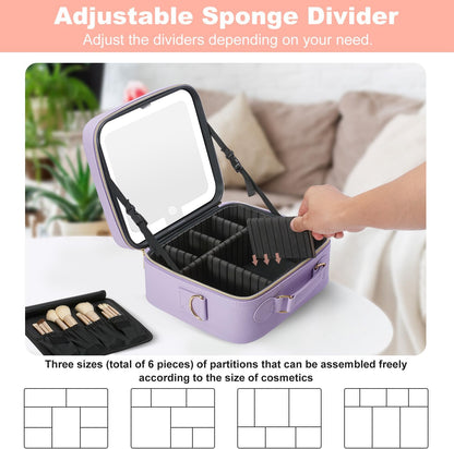 Mocado Travel Makeup Bag with LED Lighted Mirror,Travel Makeup Organizer,Makeup Case with 3 Color Lighted Setting and 10x Magnifying Mirror,Portable Storage and Adjustable Dividers Makeup Box(Purple)