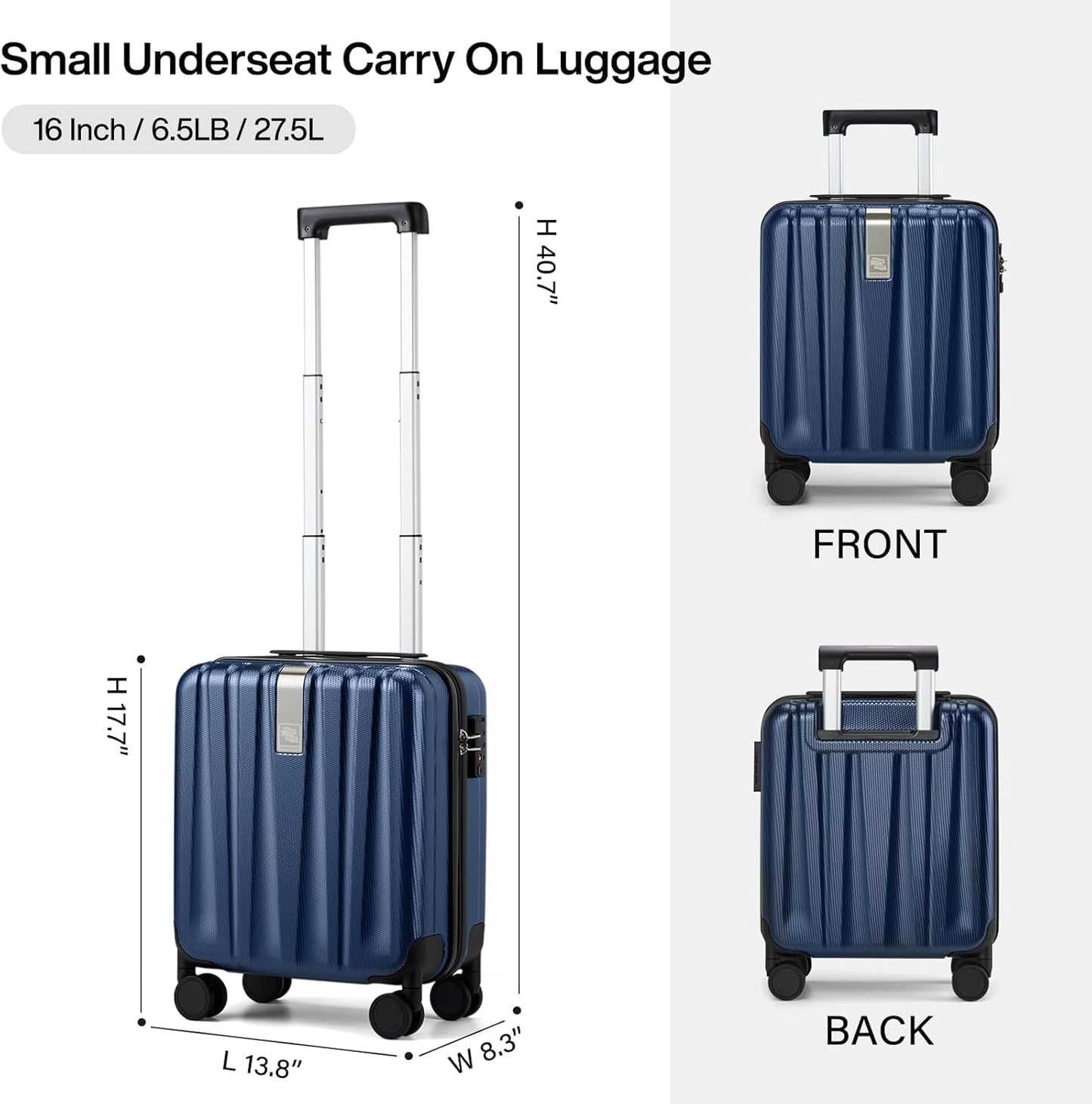 Hanke 16 inch Underseat Carry on Suitcases with Wheels,Lightweight Hard Shell Carry on Luggage with Wheels for Weekender, Small Suitcase,Travel Luggage Christmas Gifts for Birthday （Dark Blue）